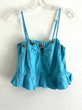 Fanm Mon Linen Peplum Crop Top Size XL Blue Embroidered Butterfly Sleeveless